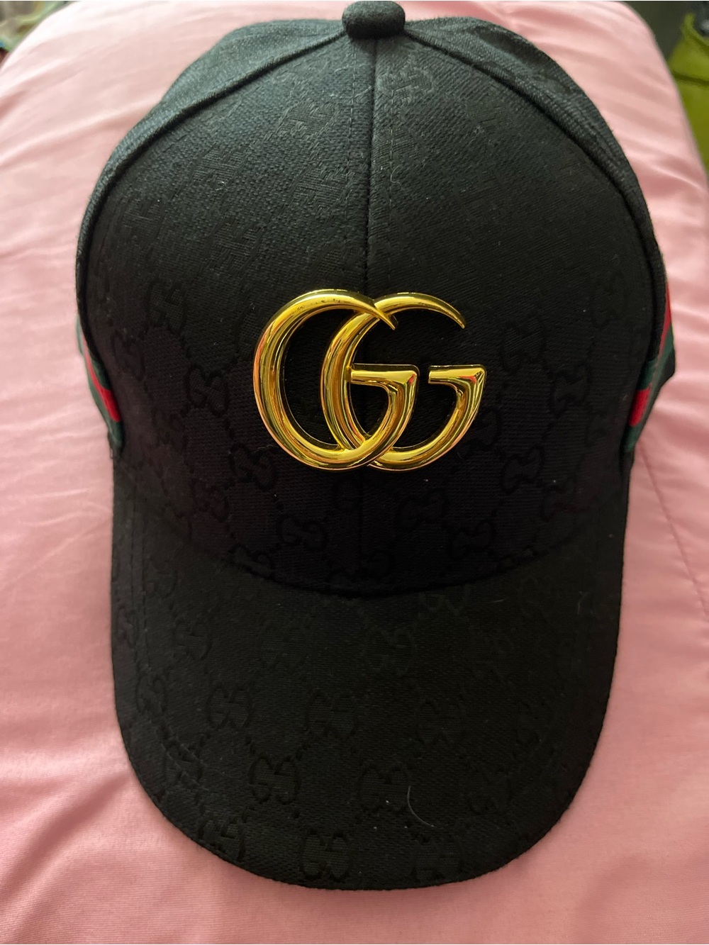 Gucci Black Baseball Cap with Gold GG Logo and Green-Red Stripes